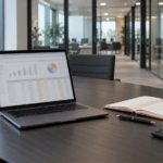 2027-ofis-butcesi-toplam-ofis-maliyeti-hesaplama.webp · 1920×1080 (16:9) · logo yok · Aydınlık bir toplantı masasında açık dizüstü bilgisayarda bütçe tablosu, yanında not defteri ve hesap makinesi; arka planda bulanık, modern bir hazır ofis.