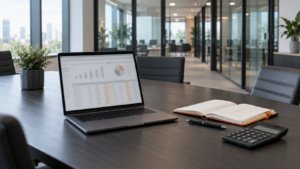 2027-ofis-butcesi-toplam-ofis-maliyeti-hesaplama.webp · 1920×1080 (16:9) · logo yok · Aydınlık bir toplantı masasında açık dizüstü bilgisayarda bütçe tablosu, yanında not defteri ve hesap makinesi; arka planda bulanık, modern bir hazır ofis.